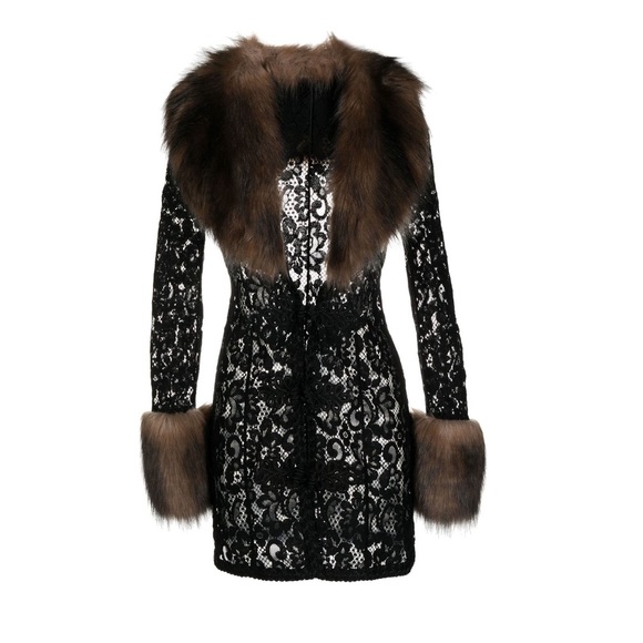 Alessandra Rich Sweaters - Alessandra Rich lace faux-fur detail coat NWT